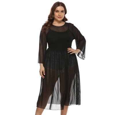 Robe femme filé filet transparent manches évasées noir