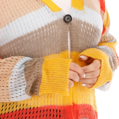Pull pour femme manteau à rayures à boutonnage unique couleur col V ajourée