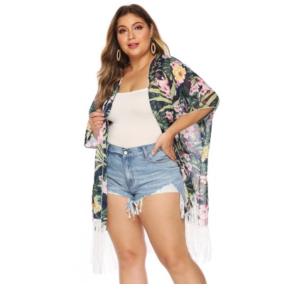 Manteau fleuri imprimé  avec franges pour femmes