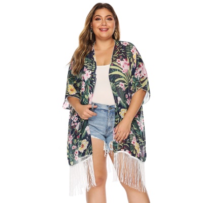 Manteau fleuri imprimé  avec franges pour femmes