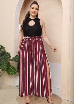 Pantalon femme avec fentes couleur mélangée à rayures