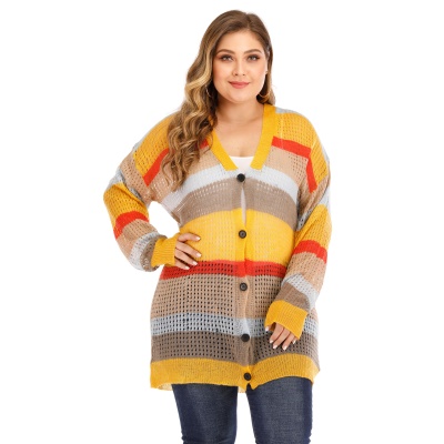 Pull pour femme manteau à rayures à boutonnage unique couleur col V ajourée