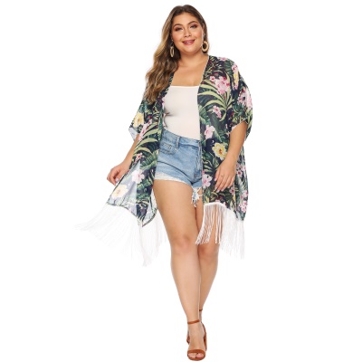 Manteau fleuri imprimé  avec franges pour femmes