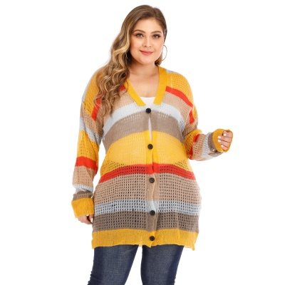 Pull pour femme manteau à rayures à boutonnage unique couleur col V ajourée