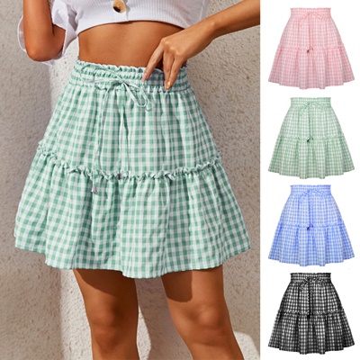 Jupe courte femme à carreaux taille haute élastique