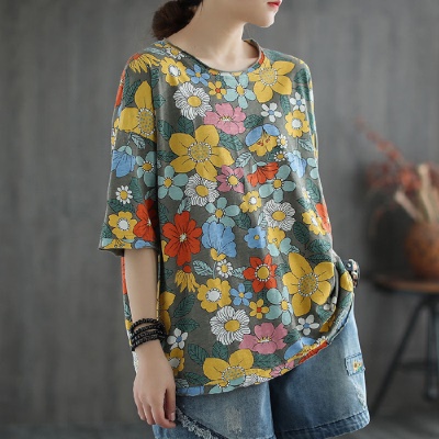 T-shirt grande taille col rond et manches semi longues
