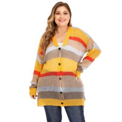 Pull pour femme manteau à rayures à boutonnage unique couleur col V ajourée