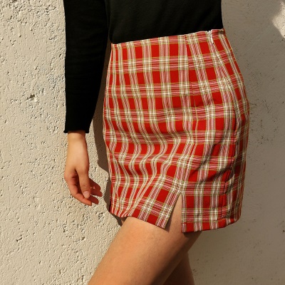 Jupe femme taille haute tartan fente