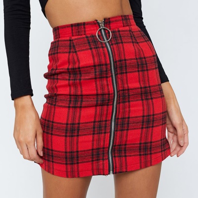 Jupe femme taille haute carreaux amples