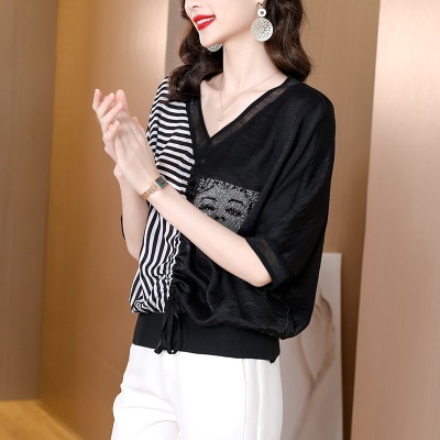 Top à rayures grande taille pour femmes poche avec strass