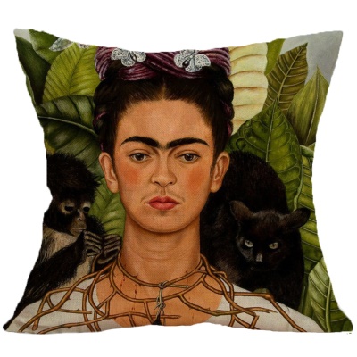 Housse de coussin en lin avec tête auto-peinte