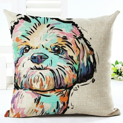 Taie d'oreiller motif chiot imprimé en lin