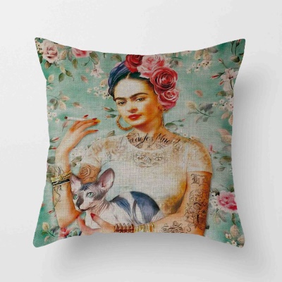 Housse de coussin en lin avec tête auto-peinte