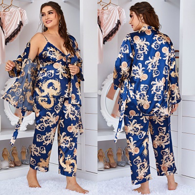 Pyjama femme 3 pièces Simulation soie Sling Pantalon Robe