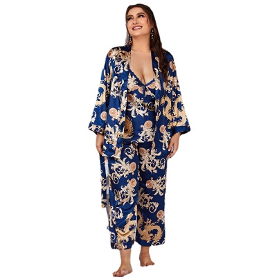 Pyjama femme 3 pièces Simulation soie Sling Pantalon Robe
