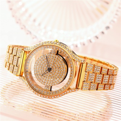Montre pour femmes à travers le fond incrusté de diamants bande d'acier étanche