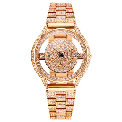 Montre pour femmes à travers le fond incrusté de diamants bande d'acier étanche
