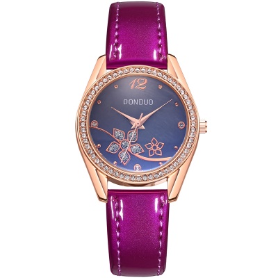 Montres dames disque avec diamants bracelet en cuir nacré