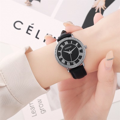Montre pour femmes avec diamants bracelet en cuir véritable chiffres romains