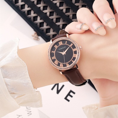 Montre pour femmes avec diamants bracelet en cuir véritable chiffres romains