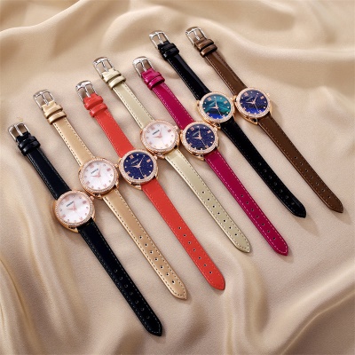 Montres dames aiguilles disque nacré bracelet en cuir imperméable