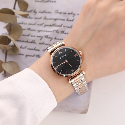 Montre avec bracelet en acier/Bracelet en cuir pour femmes gravure romaine avec miroir revêtu