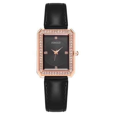 Montres dames cadran carré bracelet en cuir de vache serti de diamants