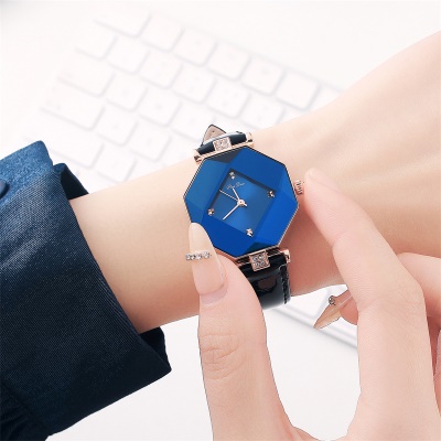 Montres pour femmes losange miroir bracelet en cuir véritable alliage de zinc