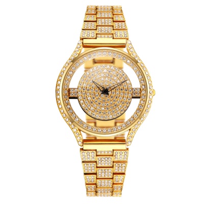 Montre pour femmes à travers le fond incrusté de diamants bande d'acier étanche