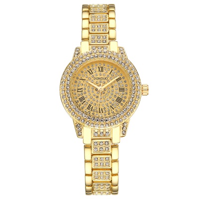 montre étanche en acier avec des chiffres romains pleins de diamants