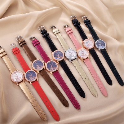 Montres dames disque avec diamants bracelet en cuir nacré