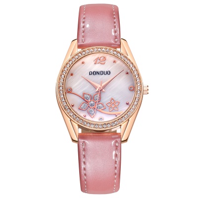 Montres dames disque avec diamants bracelet en cuir nacré
