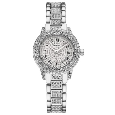 montre étanche en acier avec des chiffres romains pleins de diamants