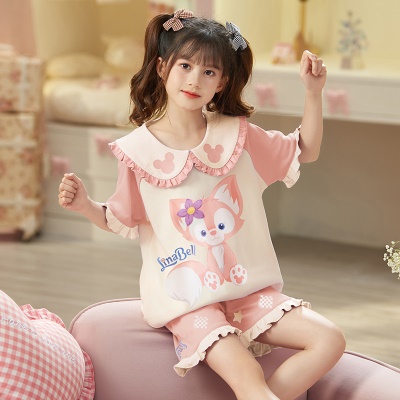 Pyjama pour enfants deux pièces manches courtes en coton cartoon motif revers