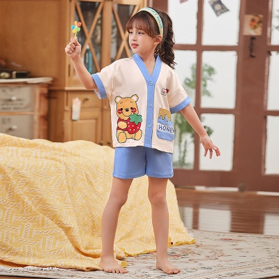 Pyjama pour enfants 2 pièces Cardigan motif bande dessinée col V taille élastique
