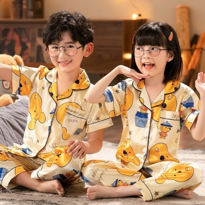 Pyjama 2 pièces pour enfants pantalon manches courtes Impression de bande dessinée en soie glacée