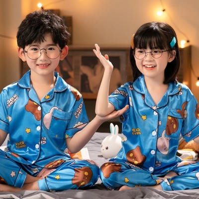 Pyjama 2 pièces pour enfants pantalon manches courtes Impression de bande dessinée en soie glacée