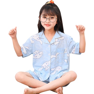 Enfants pyjama deux pièces mignon dessin animé lait soie coton bleu