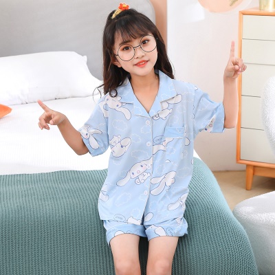 Enfants pyjama deux pièces mignon dessin animé lait soie coton bleu