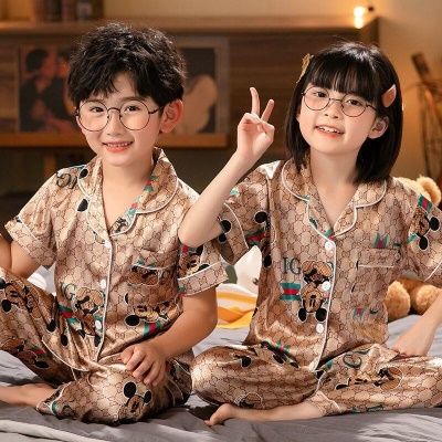 Pyjama 2 pièces pour enfants pantalon manches courtes Impression de bande dessinée en soie glacée