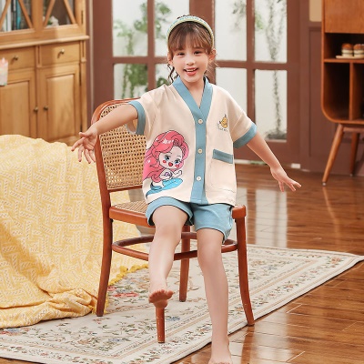Pyjama pour enfants ensemble 2 pièces dessin animé motif bouton cardigan en coton