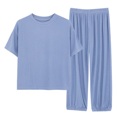 Pyjama 2 pièces en tissu modal bleu à motif vertical