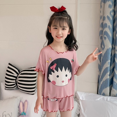 Pyjama pour enfants deux pièces manches courtes short avec bord ondulé rose dessin animé imprimé