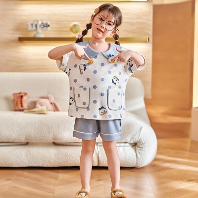 Pyjama 2 pièces pour enfants en coton bleu à pois