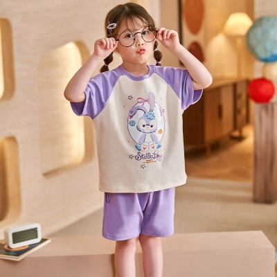 Pyjama pour enfants deux pièces violet mignon cartoon coton manches courtes