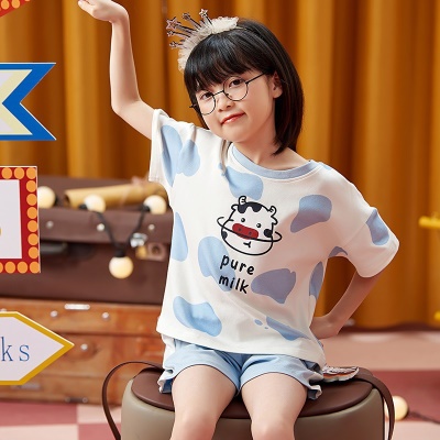 Pyjama 2 pièces pour enfants motif vache bleu + coton blanc