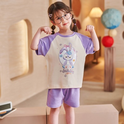Pyjama pour enfants deux pièces violet mignon cartoon coton manches courtes