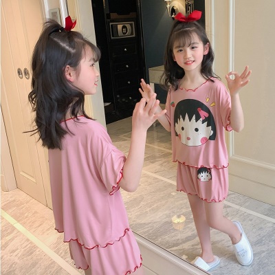 Pyjama pour enfants deux pièces manches courtes short avec bord ondulé rose dessin animé imprimé