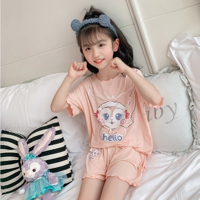 Pyjama pour enfants ensemble 2 pièces tissu modal avec bord ondulé mignon dessin animé