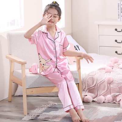 Pyjama 2 pièces pour enfants Ice Silk Pink Pikachu Motif